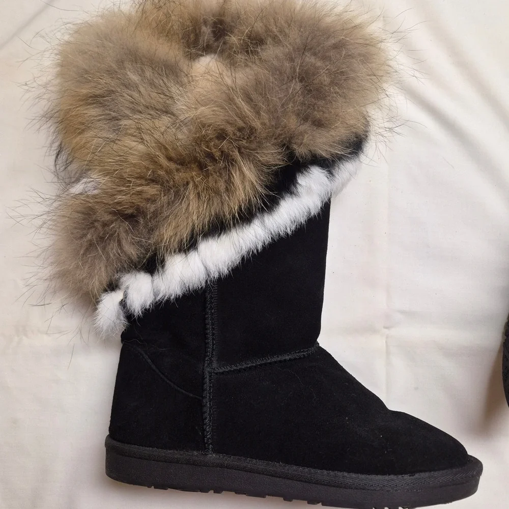 Womens Black Faux Suede Mid Calf Mukluk Winter Boots with Faux Fur Trim